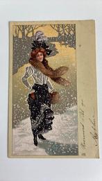 Vrouw met bontje in de sneeuw.1901. Mooi getekende kaart, Verzamelen, Ansichtkaarten | Themakaarten, Ophalen of Verzenden, Voor 1920
