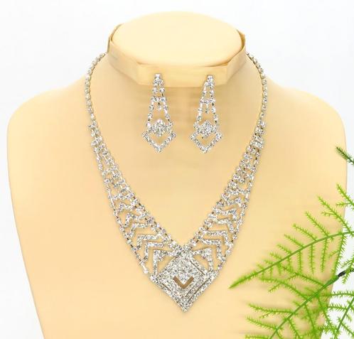 Schitterende stras bruidshalsketting met oorbellen., Sieraden, Tassen en Uiterlijk, Kettingen, Nieuw, Overige materialen, Zilver