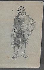 Een oude tekening van een man en kind, Ophalen of Verzenden