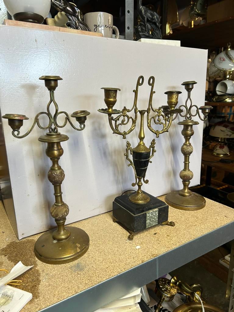 Prachtig 3-delig Vintage Schouwgarnituur – Messing & Marmer, Ophalen of Verzenden