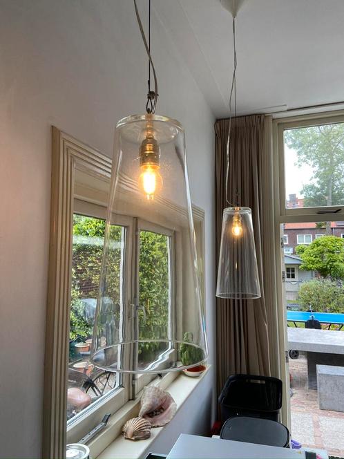 Glazen hanglampen, set van 2, Huis en Inrichting, Lampen | Hanglampen, Zo goed als nieuw, Minder dan 50 cm, Metaal, Ophalen
