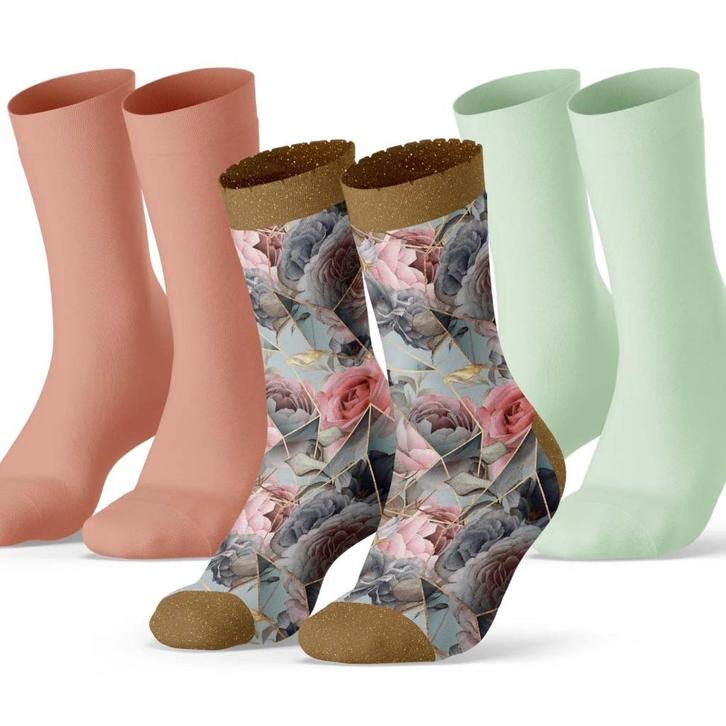 Geo roses - 3 paar, maat 36-42 -1 print, 2 paar effen sokken, Kleding | Dames, Sokken en Kousen, Nieuw, Sokken en Kniesokken, Overige kleuren