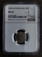 Schitterend kwartje 1898 in slab NGC MS 62 voor 950 euro, Zilver, Koningin Wilhelmina, Ophalen of Verzenden, 25 cent