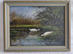 Schilderij olieverf op paneel "2 witte eenden" SCH35, Antiek en Kunst, Kunst | Schilderijen | Klassiek, Ophalen of Verzenden