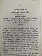 Breedveld x Vergeer 1891 Polsbroek 1978 Bakel Mierlo, Verzamelen, Bidprentjes en Rouwkaarten, Ophalen of Verzenden, Bidprentje