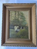 Oud schilderij van melkende boer met koe – paneel ca. 1900, Antiek en Kunst, Kunst | Schilderijen | Klassiek, Ophalen