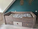 Handgemaakt bed steigerhout met laden, Ophalen, 85 tot 100 cm, Zo goed als nieuw, Matras