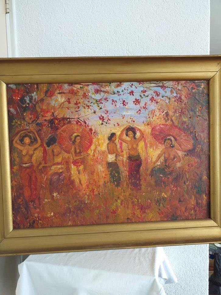 Balinese schonen in tropische tuin., Antiek en Kunst, Kunst | Schilderijen | Abstract, Ophalen of Verzenden