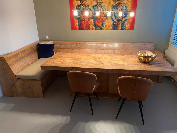 Eethoek met Hoekbank - Massief Hout, Huis en Inrichting, Tafels | Eettafels, Gebruikt, 200 cm of meer, Vijf personen of meer, Rechthoekig