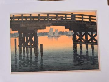 Japanse Brug Litho Prent Zeefdruk Kunstwerk Zeilboten Water  beschikbaar voor biedingen