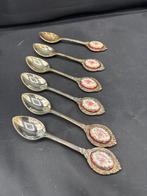 Zes vintage verzilverde theelepels met porselein bloemmotief, Ophalen of Verzenden