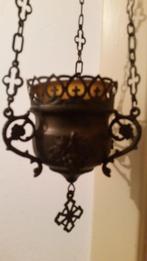 Antiek koper godslampje met druifjes en geel glaasje, Ophalen of Verzenden