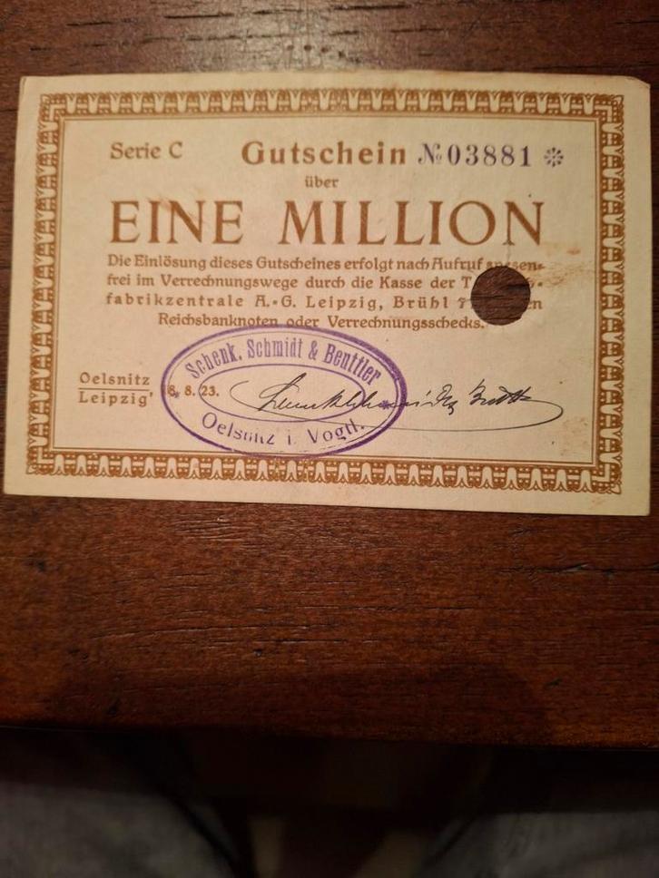 1 Million Mark biljet Oelsnitz/Leipzig 1923, Postzegels en Munten, Aandelen en Waardepapieren, Overige typen, 1920 tot 1950, Ophalen of Verzenden