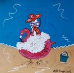Schilderij Kip met Flamingo zwemband in vrolijk acryl canvas, Ophalen of Verzenden