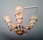 3 delige lampenset brons met mat crême gepoederde kelken, Huis en Inrichting, Lampen | Kroonluchters, Ophalen, Glas