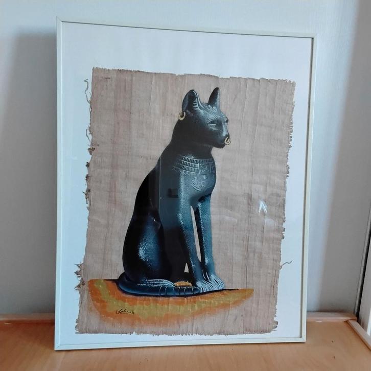 Egyptische godin Bastet op Papyrus, Antiek en Kunst, Kunst | Tekeningen en Foto's, Ophalen of Verzenden