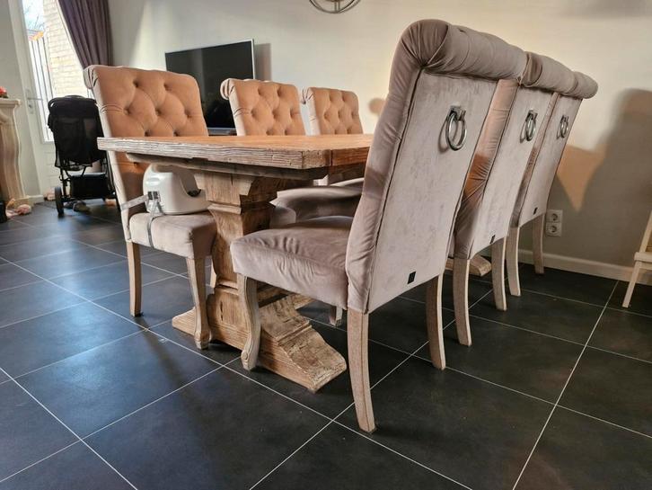 Eettafel set -houten kloostertafel 6 gecapitonneerde stoelen, Huis en Inrichting, Tafels | Eettafels, Gebruikt, Ophalen of Verzenden