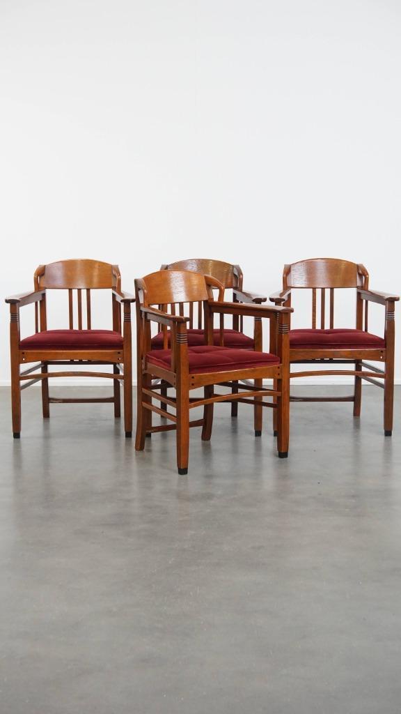 4 x Art Nouveau/ Jugendstil design Schuitema eetkamerstoel, Huis en Inrichting, Stoelen, Gebruikt, Vier, Hout, Stof, Bruin, Ophalen
