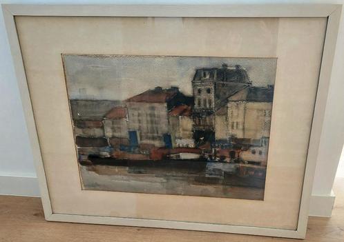 waterverf schilderij, huizen en boot, gesigneerd, Huis en Inrichting, Woonaccessoires | Schilderijen, Tekeningen en Foto's, Gebruikt