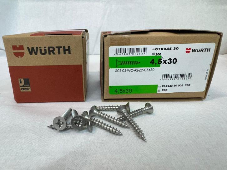Spaanplaatschroeven RVS grote partij Würth 4,5x30 200 stuks, Doe-het-zelf en Verbouw, IJzerwaren en Bevestigingsmiddelen, Nieuw