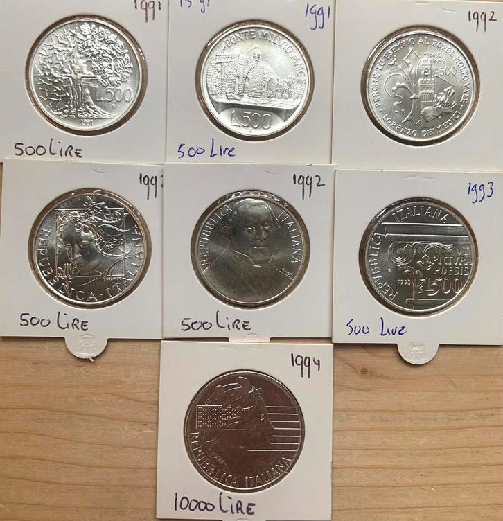 Italie 6x 500 + 1x 10000 Lire UNC zilver, Postzegels en Munten, Munten | Europa | Niet-Euromunten, Italië, Zilver, Ophalen of Verzenden