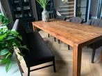 Teakhouten tafel met 3 stoelen en 1 bank, Huis en Inrichting, Tafels | Eettafels, Ophalen, Teakhout, 200 cm of meer, 50 tot 100 cm