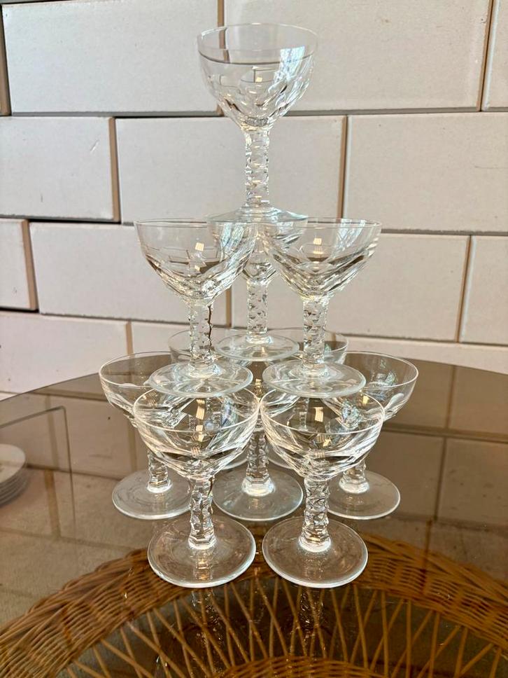 Vintage Kristallen champagne wijn glazen (Set van 11), Antiek en Kunst, Antiek | Glas en Kristal, Verzenden