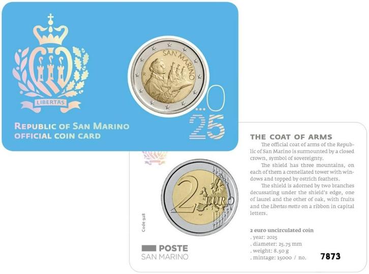 Coincard San Marino 2025 - Wapen van San Marino, Postzegels en Munten, Munten | Europa | Euromunten, Losse munt, 2 euro, San Marino