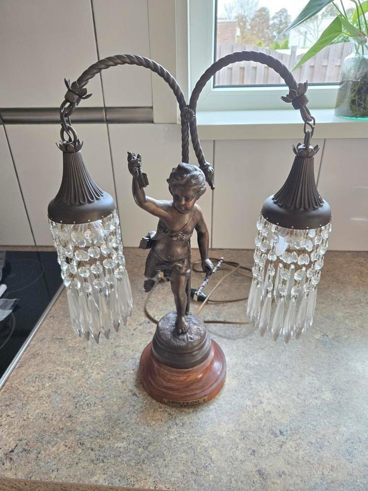 Antieke Tafellamp met Engel en Kristallen, Antiek en Kunst, Antiek | Lampen, Ophalen of Verzenden