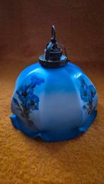 Antiek blauw lampenkap hanglamp glas bloemen, Ophalen of Verzenden