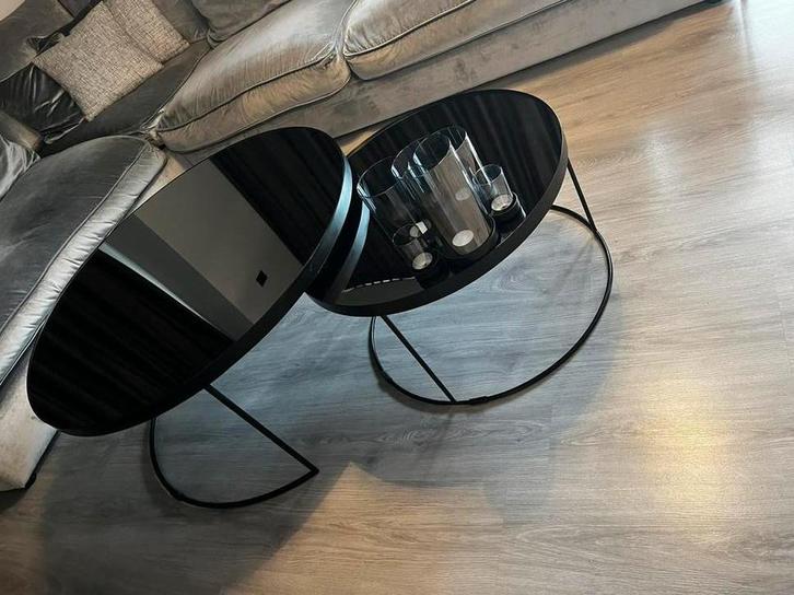 Salontafels tafel set spiegelglas spiegel zwart frame metaal, Huis en Inrichting, Tafels | Salontafels, Gebruikt, Minder dan 50 cm