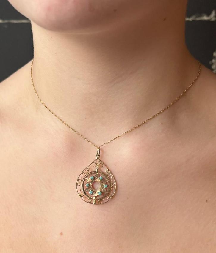 Davidster 14k gouden robijn turkoois ketting hanger vintage, Sieraden, Tassen en Uiterlijk, Antieke sieraden, Hanger, Goud, Met edelsteen