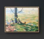 “Een pauze op hoogte” olieverf schilderij, Antiek en Kunst, Ophalen of Verzenden
