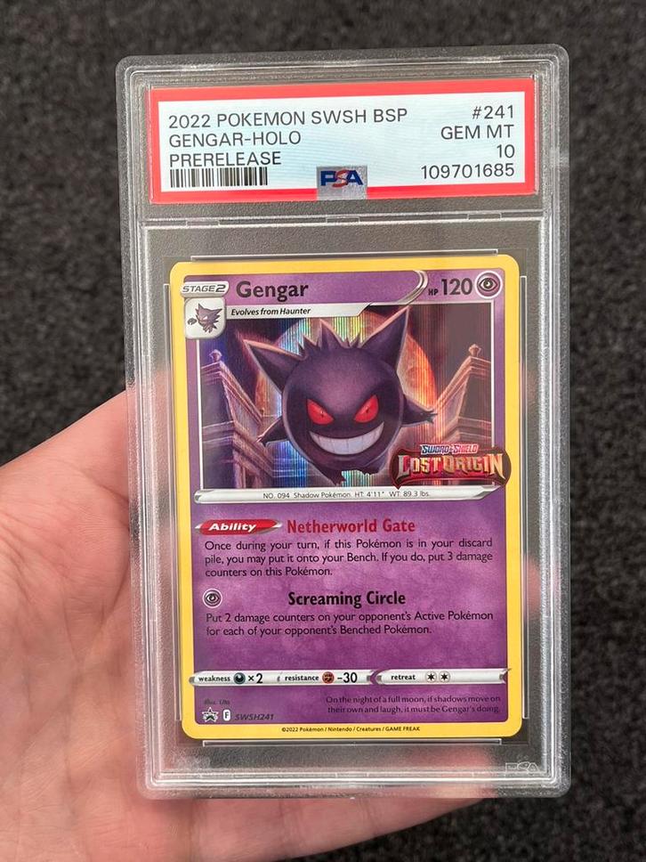 Pokémon PSA 10 Gengar Holo PRERELEASE #241 S&S Lost Origin, Hobby en Vrije tijd, Verzamelkaartspellen | Pokémon, Zo goed als nieuw