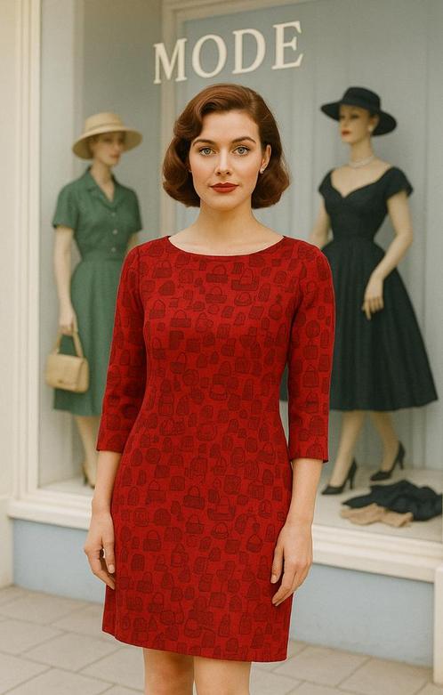 JUFFROUW JANSEN jurk parfum flesjes motief-M🌺NIEUWSTAAT, Kleding | Dames, Jurken, Zo goed als nieuw, Maat 38/40 (M), Rood, Boven de knie