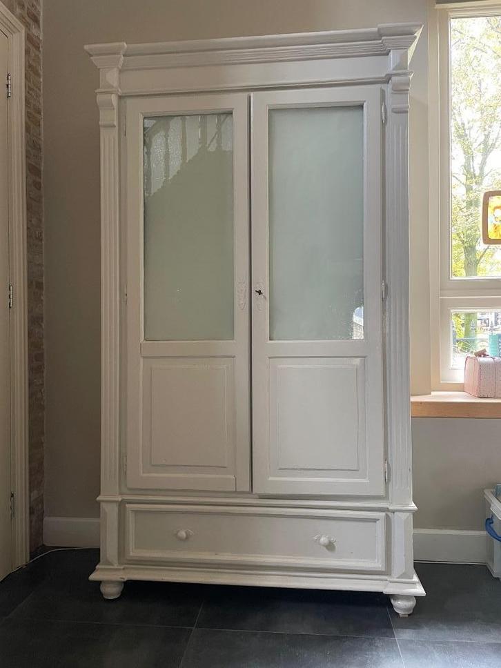 Kast hout, kledingkast, glazen deuren, plankenkast, brocante, Antiek en Kunst, Antiek | Meubels | Kasten, Ophalen
