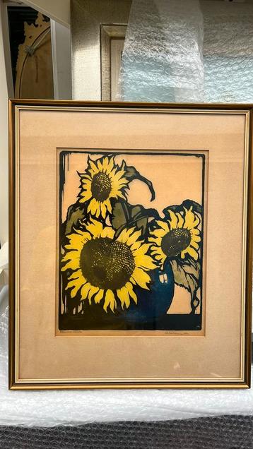 Kleurhanddruk zonnebloemen Arie Zonneveld beschikbaar voor biedingen