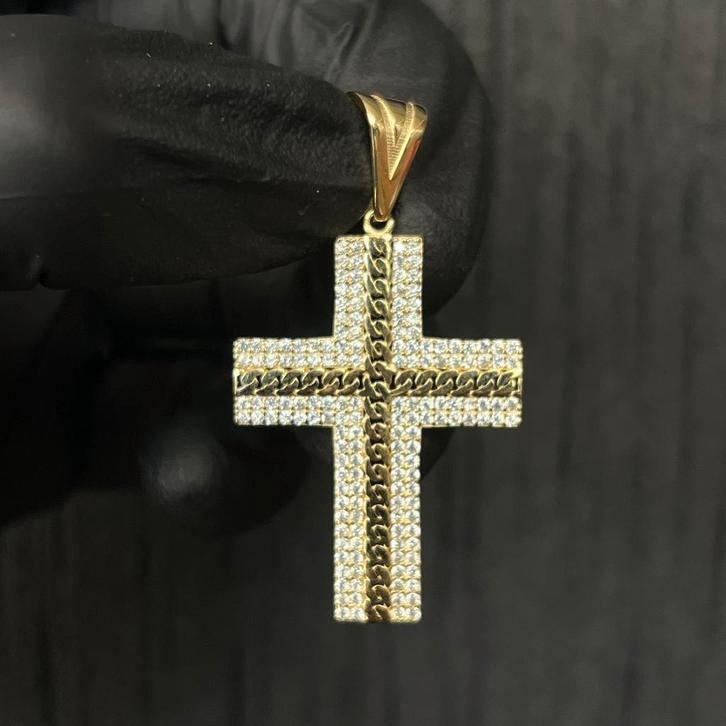 14k gouden kruis hanger met steentjes, Sieraden, Tassen en Uiterlijk, Kettinghangers, Zo goed als nieuw, Ophalen of Verzenden