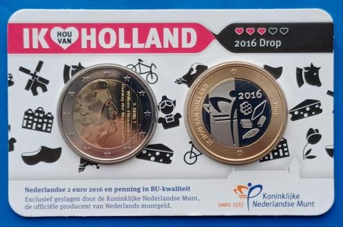 Coincard 3 Ik Hou Van Holland 2016 "Drop" 2 euro BU penning, Postzegels en Munten, Munten | Nederland, Setje, Euro's, Koningin Beatrix