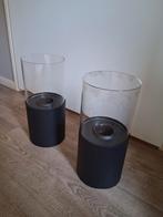 2 Tafelbranders met Glazen Kokers - Nette Staat, Gebruikt, Grijs, Ophalen of Verzenden, Metaal