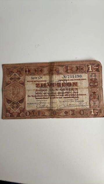 1 gulden zilverbon 1938 CN 731490 beschikbaar voor biedingen