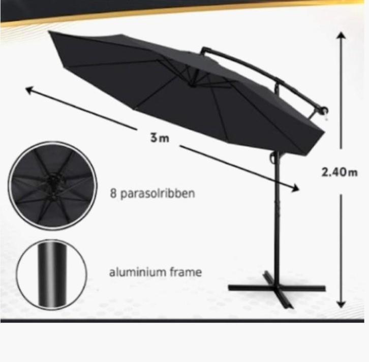 Tillvex Zweefparasol Antraciet 3m - Nieuw, Tuin en Terras, Parasols, Nieuw, Zweefparasol, 2 tot 3 meter, Kantelbaar, Verstelbaar