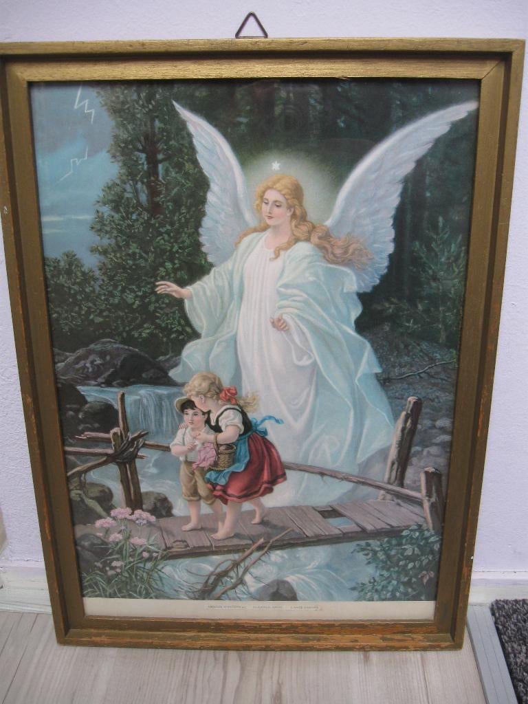 Guardian Angel oude ingelijste afbeelding vintage retro, Antiek en Kunst, Curiosa en Brocante, Ophalen