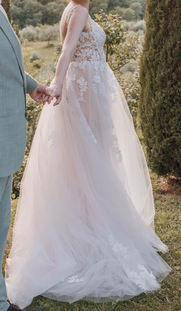 Trouwjurk Rachel Modeca, Kleding | Dames, Gelegenheidskleding, Zo goed als nieuw, Overige typen, Maat 38/40 (M), Wit, Ophalen