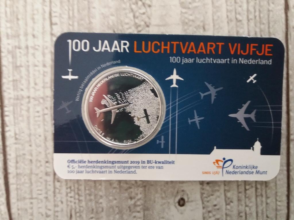 Coincard 100 jaar Luchtvaart Vijfje 2019 - BU, Ophalen of Verzenden, Koningin Beatrix, Euro's, Losse munt
