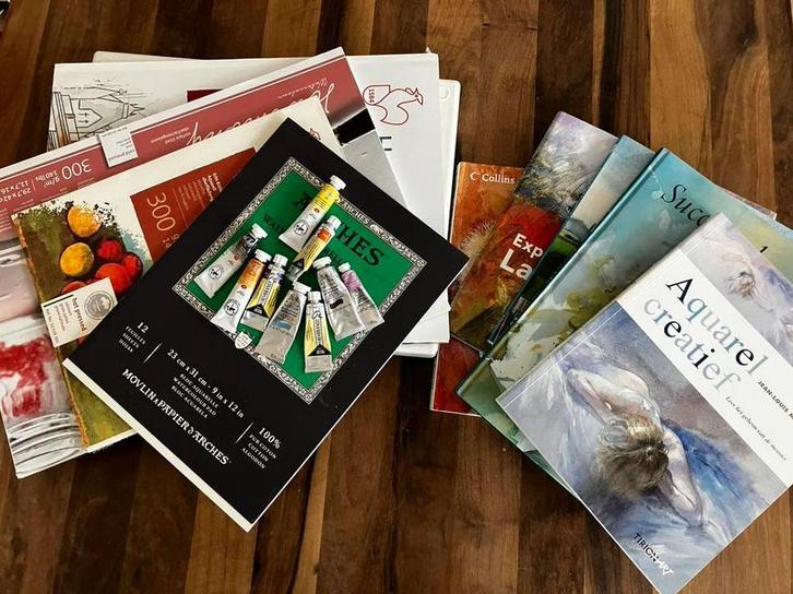 Boeken, verf, palet voor aquarel, waterverf, Hobby en Vrije tijd, Schilderen, Zo goed als nieuw, Ophalen of Verzenden