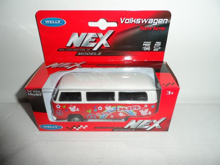 Welly - 1972 Volkswagen T2 Bus "Love & Peace" (rood) 1:36, Hobby en Vrije tijd, Modelauto's | Overige schalen, Nieuw, Auto, Ophalen of Verzenden