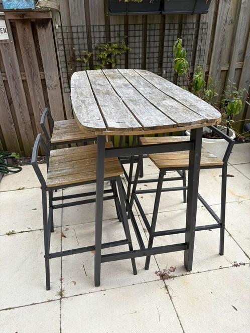 Bartafel + stoelen tuinset, Tuin en Terras, Tuinsets en Loungesets, Gebruikt, Tuinset, Hout, 4 zitplaatsen, Eettafel, Stoel, Ophalen