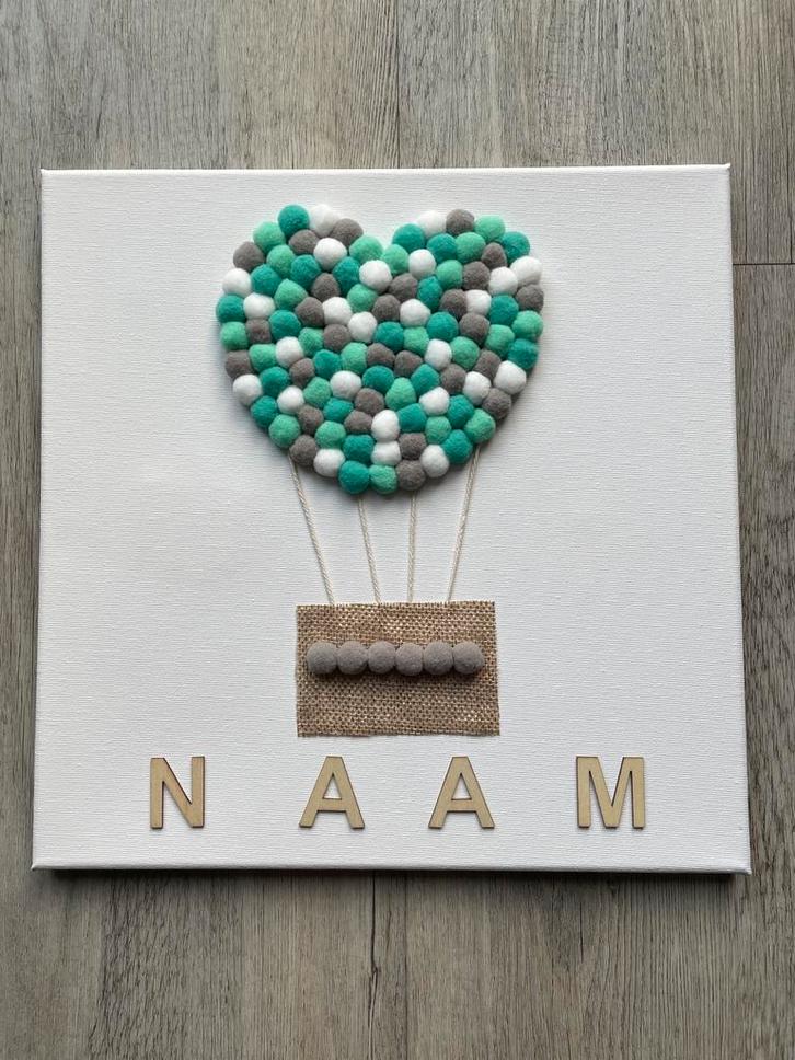 Canvas pompom luchtballon turquoise/mint/grijs/wit 30x30 cm, Kinderen en Baby's, Kinderkamer | Inrichting en Decoratie, Nieuw