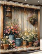 Douchegordijn Houten schuur met bloempotten (180x200cm), Ophalen of Verzenden, Nieuw, Overige kleuren, Overige typen